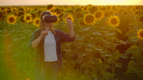 The-woman-with-long-hair-in-plaid-shirt-and-jeans-is-working-in-VR-glasses.-She-is-engaged-in-the-working-process.-It-is-a-perfect-sunny-day-in-the-sunflower-field.